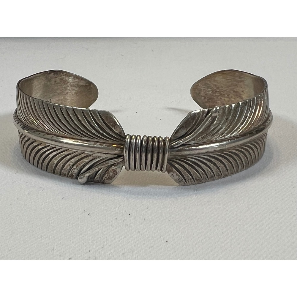 Douglas Etsitty Navajo Sterling Silver Feather Cuff Bracelet Handcrafted Native
